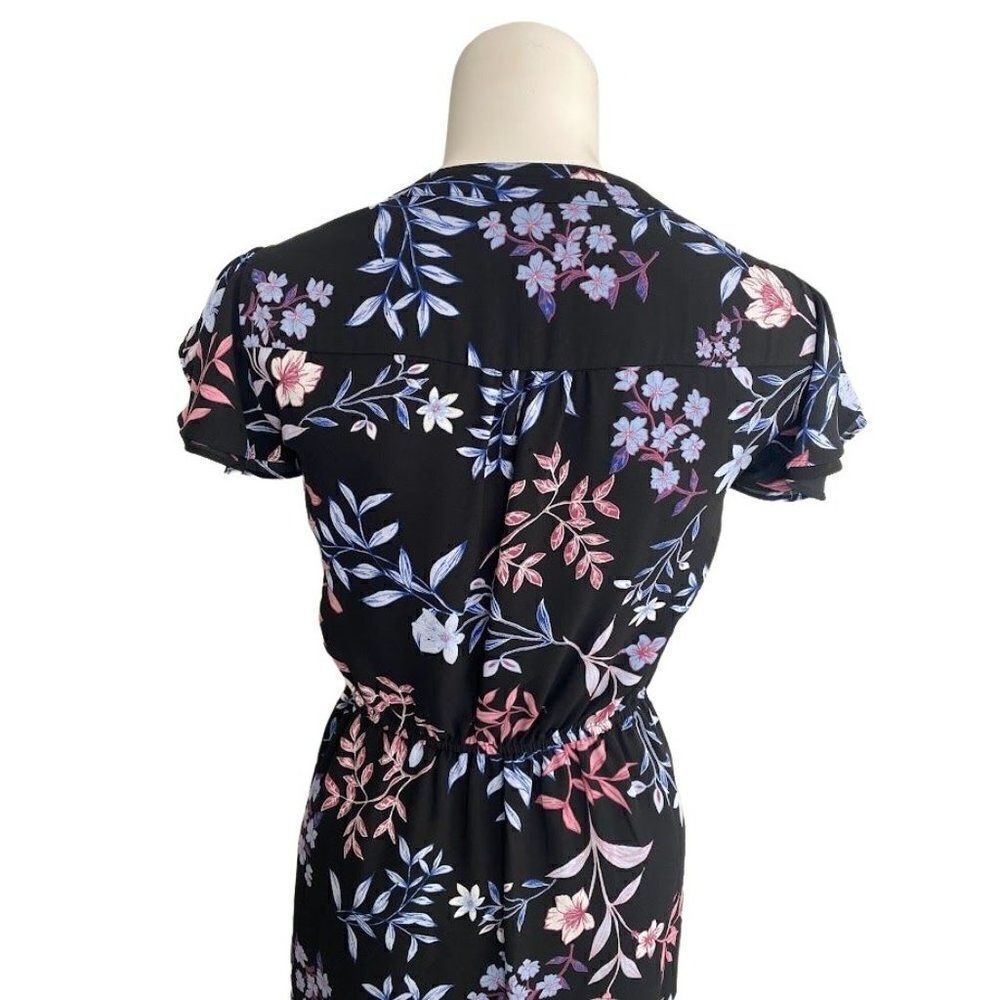 ELLE Black Pink Floral Split Neckline A Line Dress Sz Medium - Picture 4 of 8